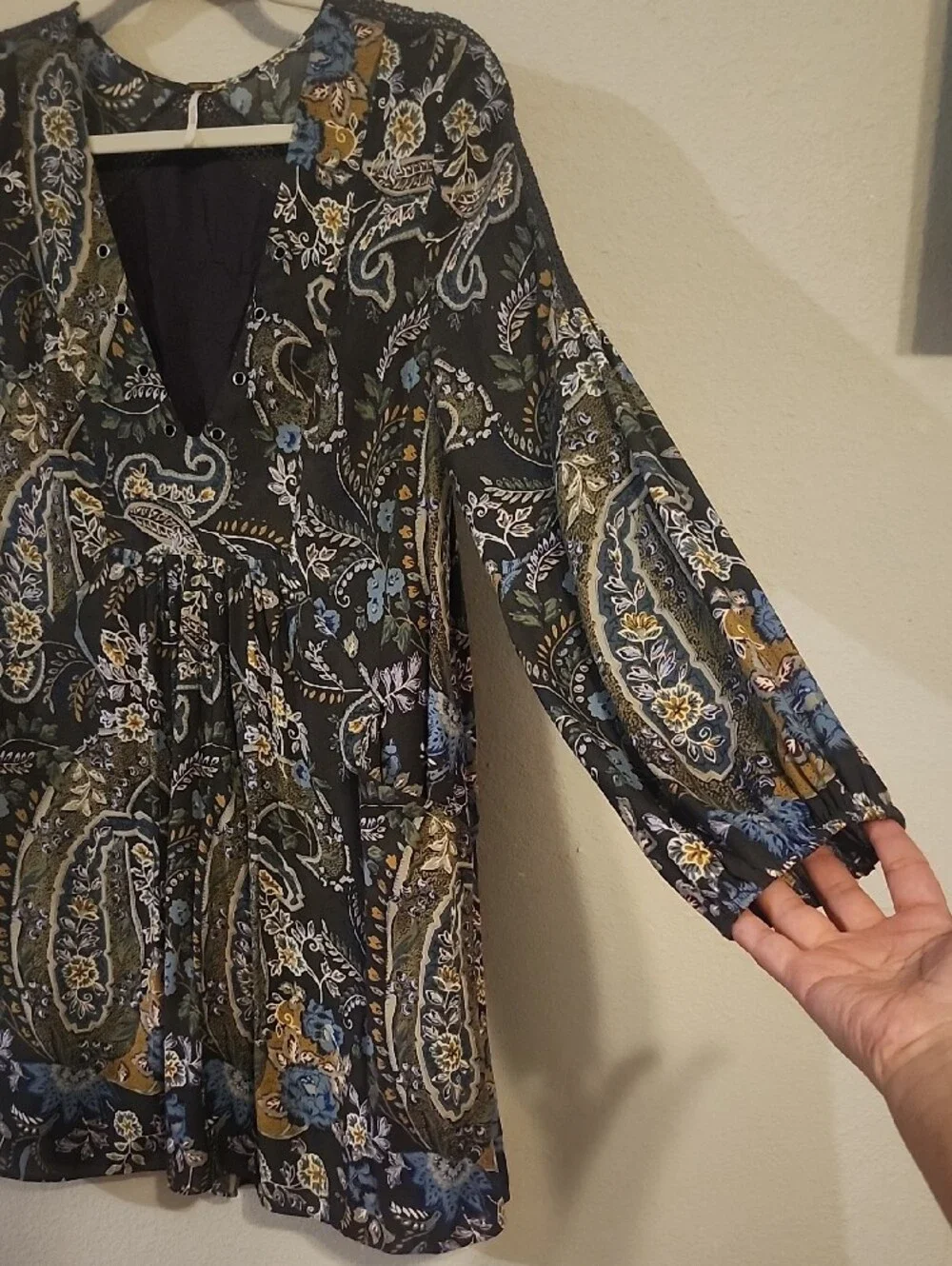 Free People Black Paisley Mini Dress with Blue & Olive Floral Motif